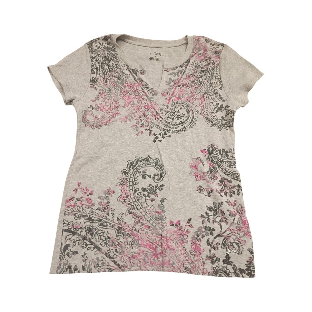 Tommy Hilfiger Graphic Tee Womens M Gray Pink Paisley‎ Split Neck Glitter Shirt